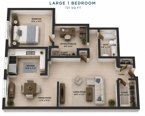 Floor plan for 1 bed, 1 bath, 748 sqft